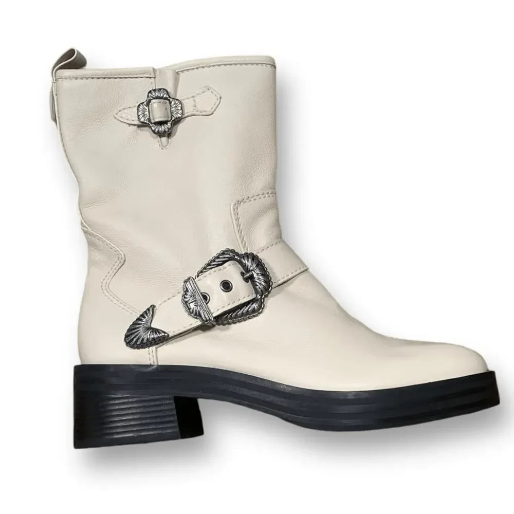 Larroude Hardy Moto Boot Cream Leather Western Buckle Ankle Boots 8.5 Boho